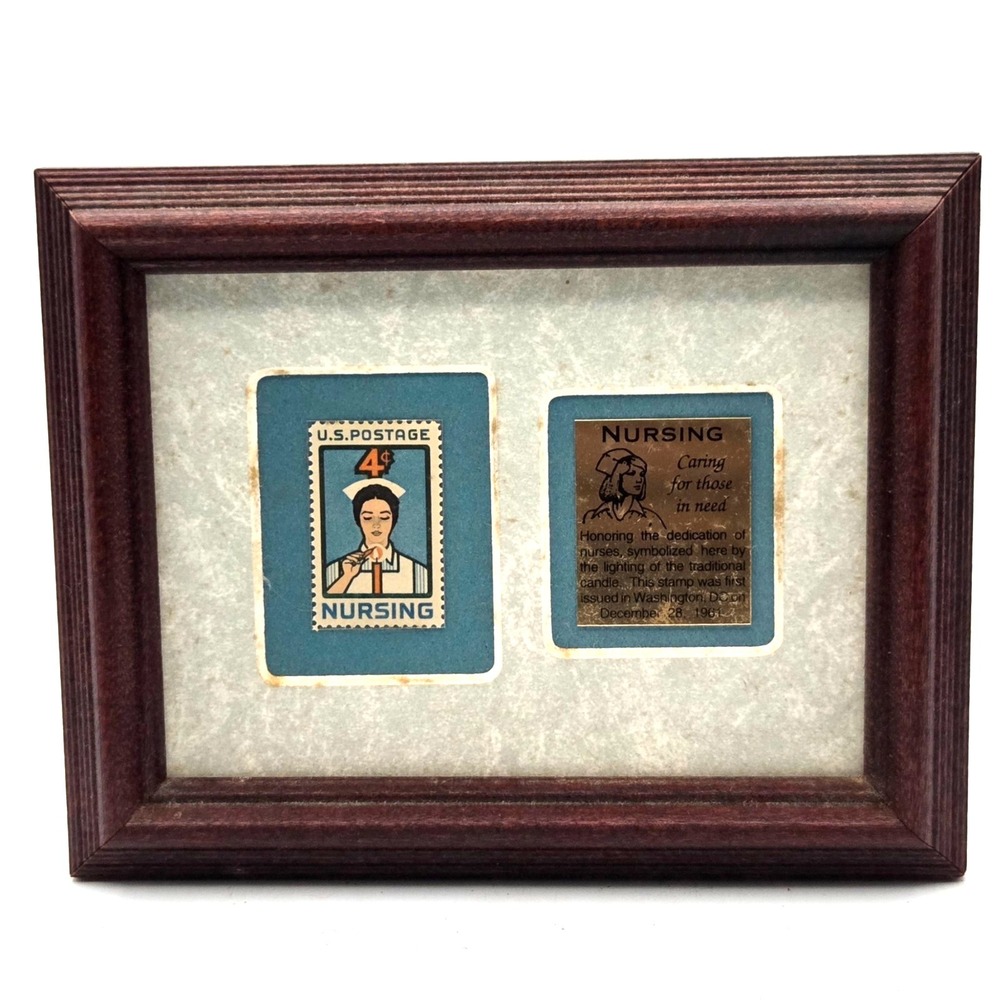 Framed 1961 Nurse 4 Cent Stamp and Small Metal Plaque • Vintage  Honoring Nurses